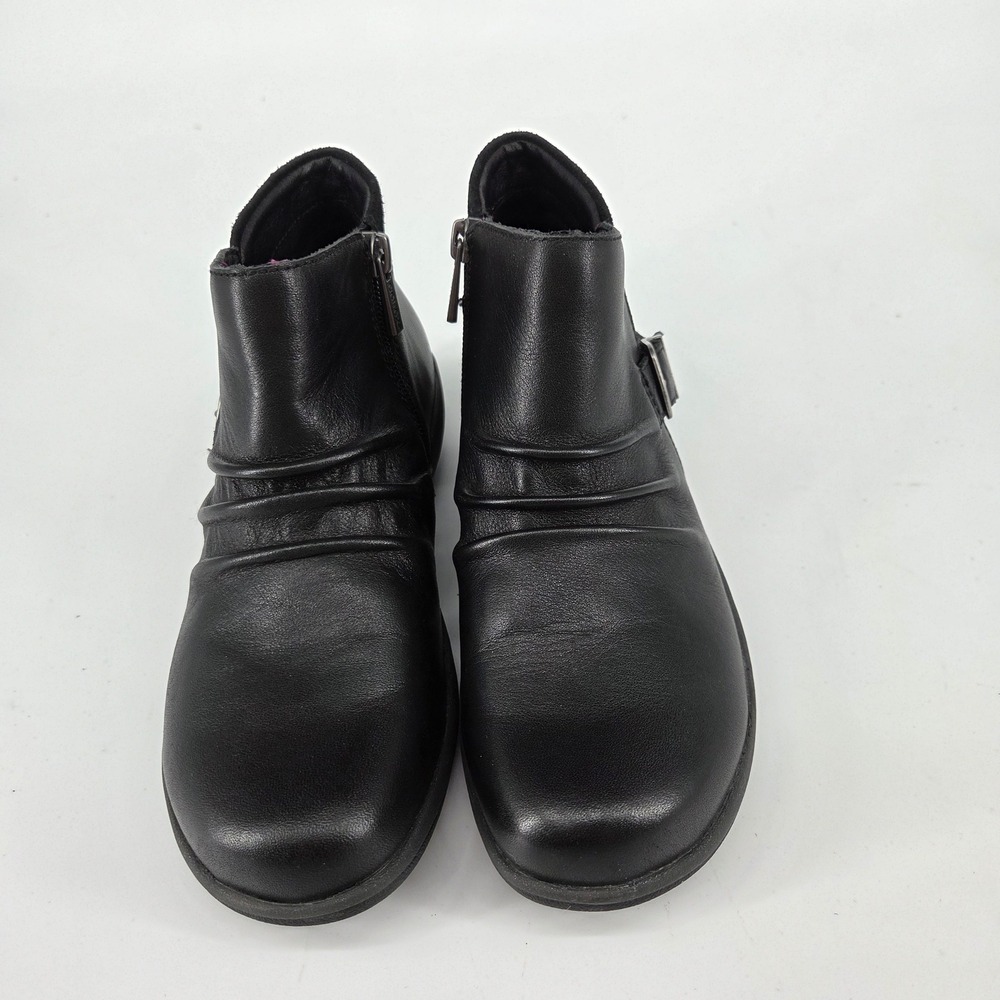 Aetrex Luna Black Leather Ruched Ankle Boots Womens 6-6.5 Side Zip DM700WM - Picture 1 of 7